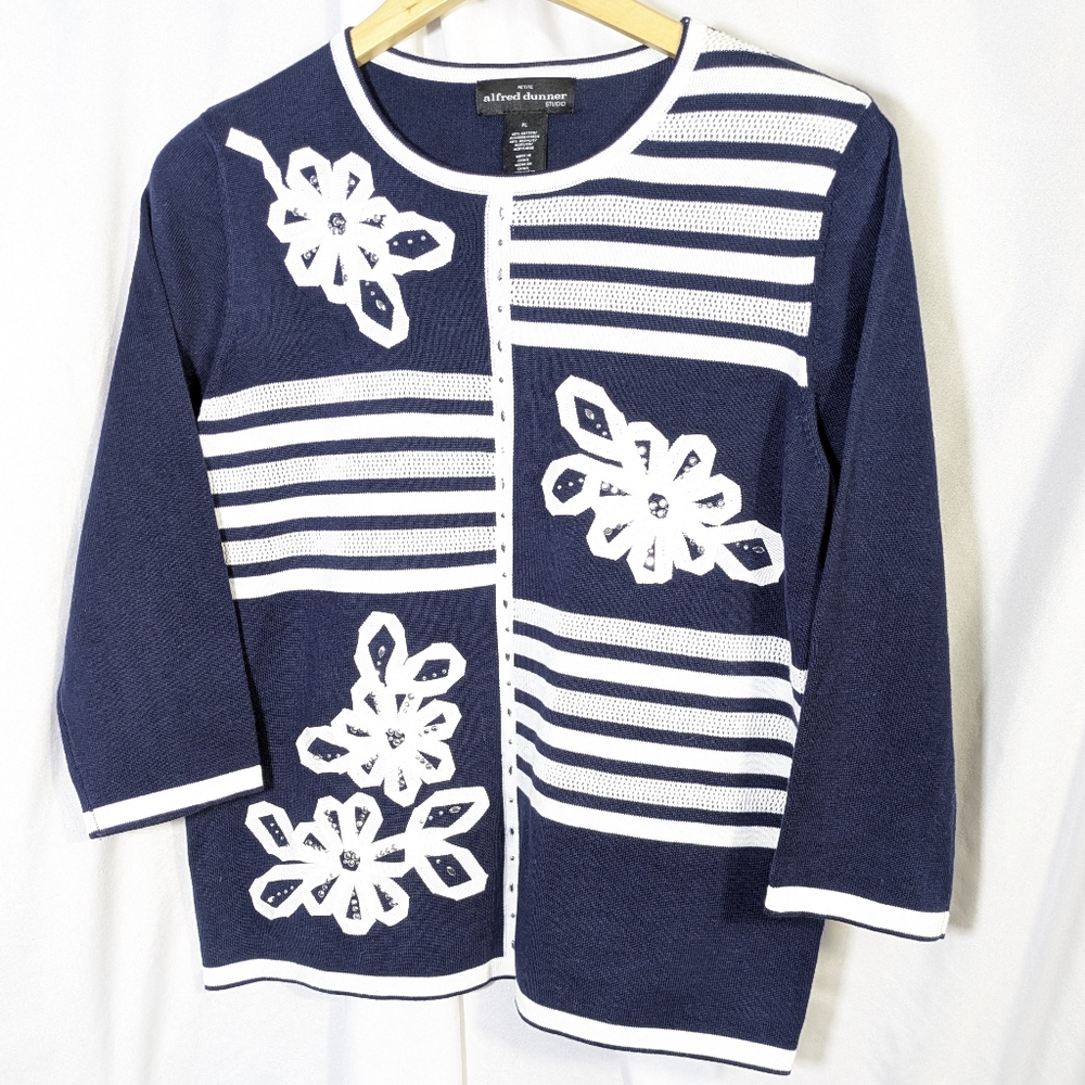 Alfred Dunner Women's Blue White Sweater Floral & Silver Embellishment Career Lp